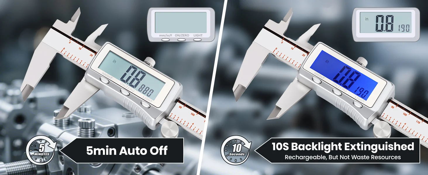 Close-up of the measuring jaws and digital display of a caliper.