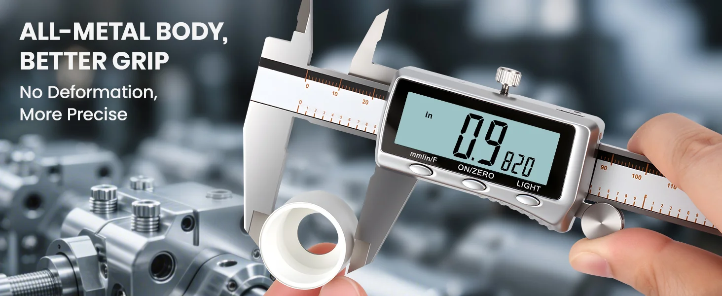 Demonstrating how to use a digital caliper to measure a metal part.