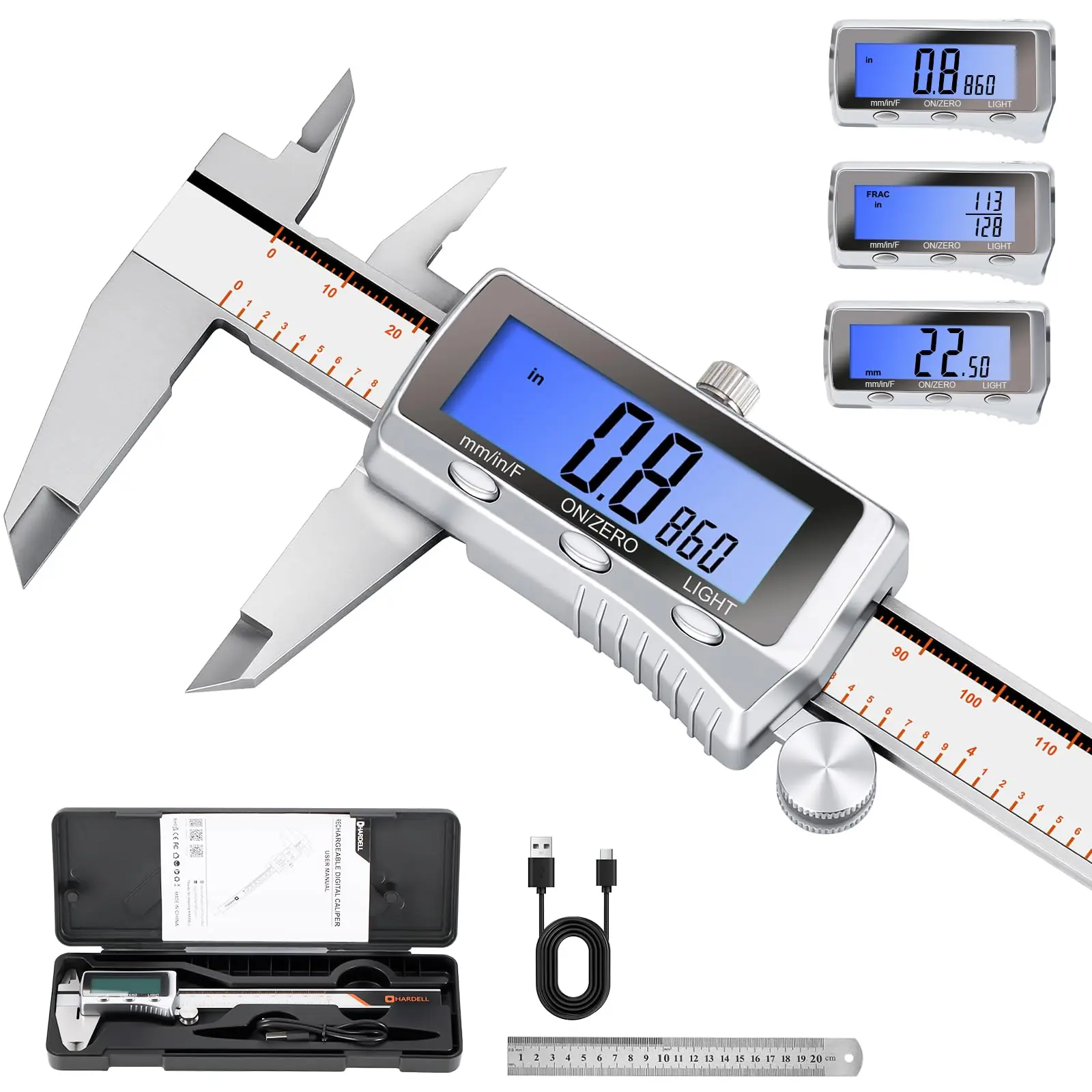 Detailed view of the digital LCD screen on a vernier caliper.