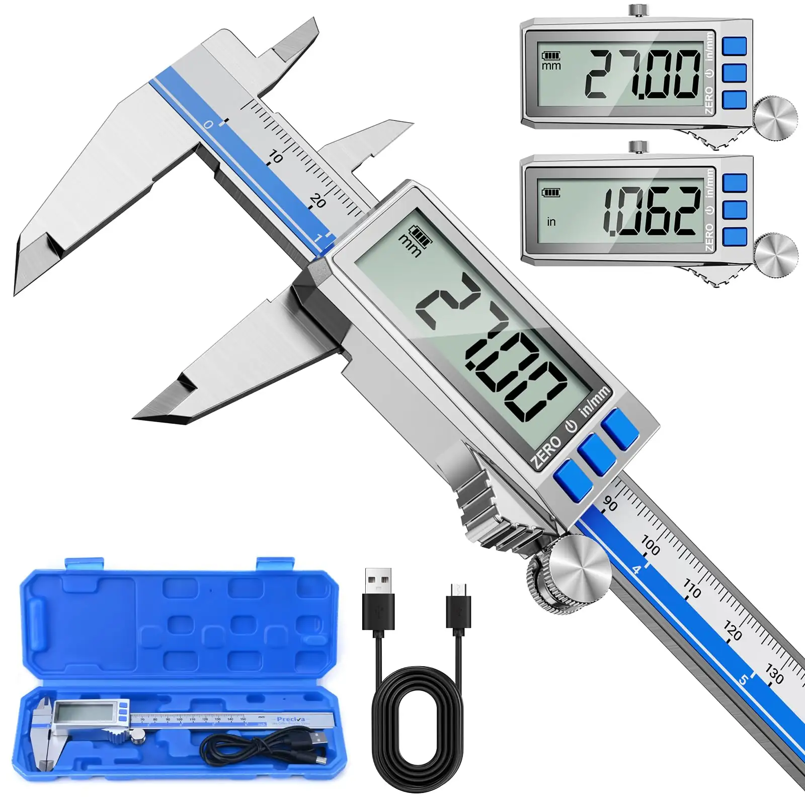 Accumeasure digital caliper stored in its protective hard case.