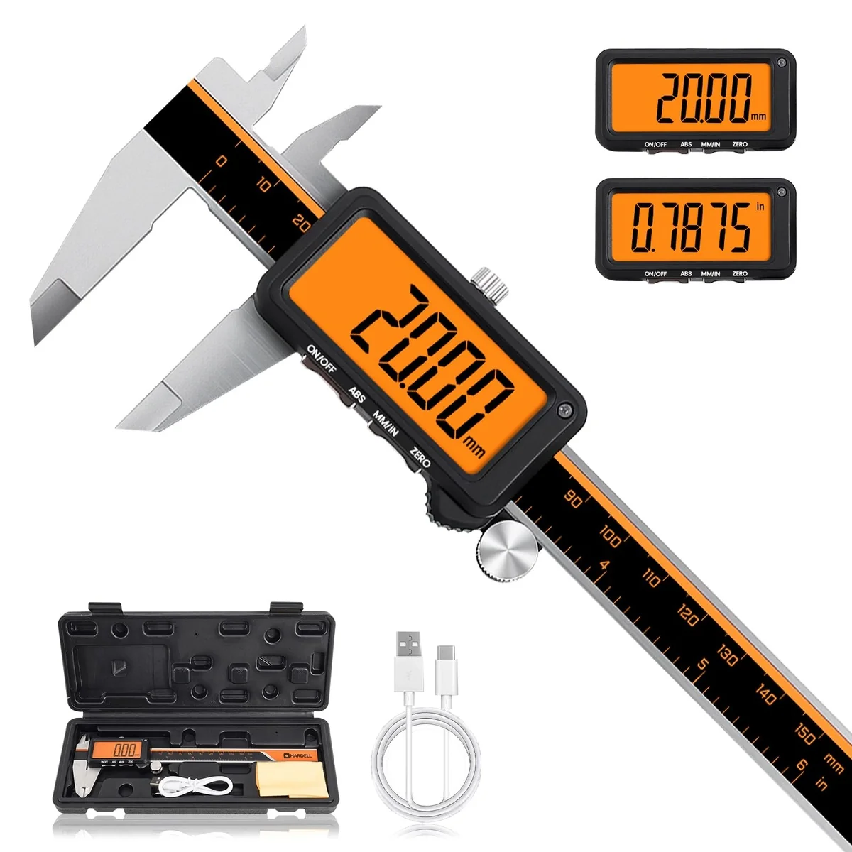 ACCUMEASURE caliper — full product view with USB charging cable