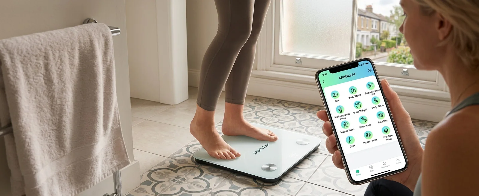ARBOLEAF smart scale in a British bathroom setting during morning routine