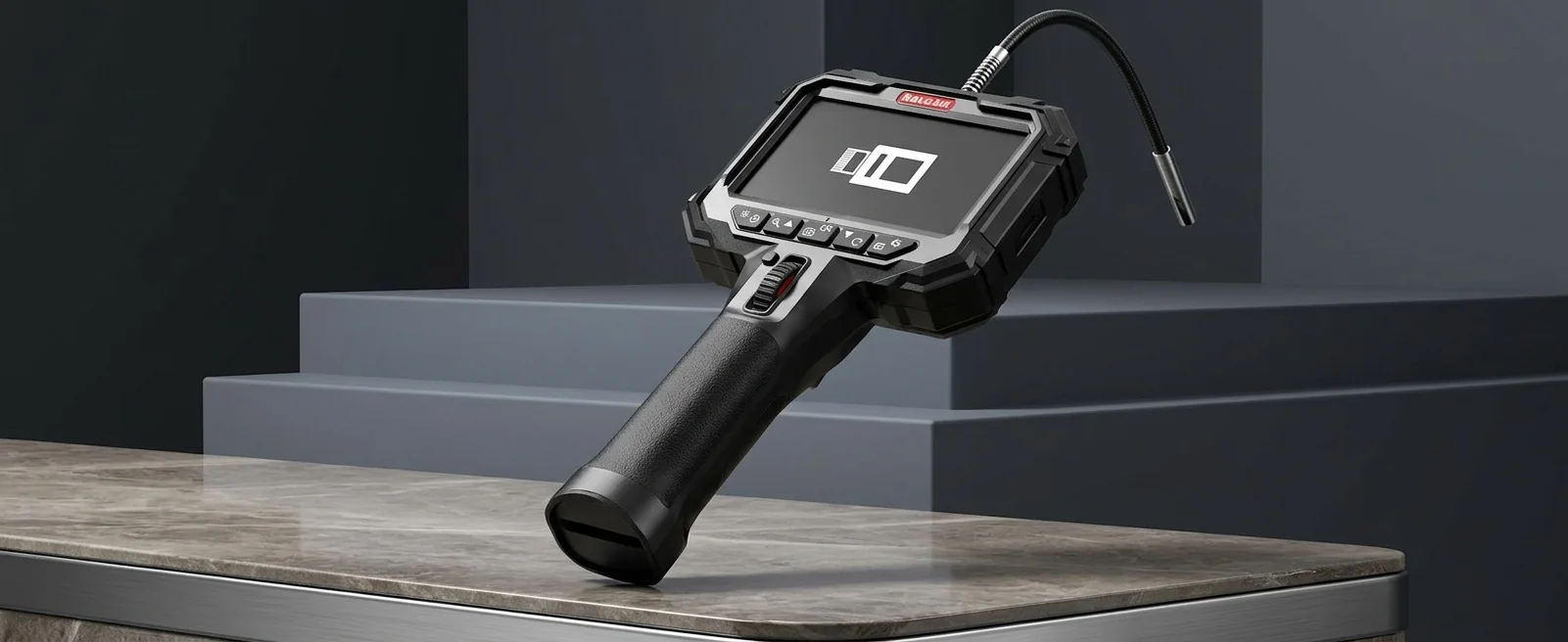 Close-up of the waterproof IP-rated camera head for drainage inspections