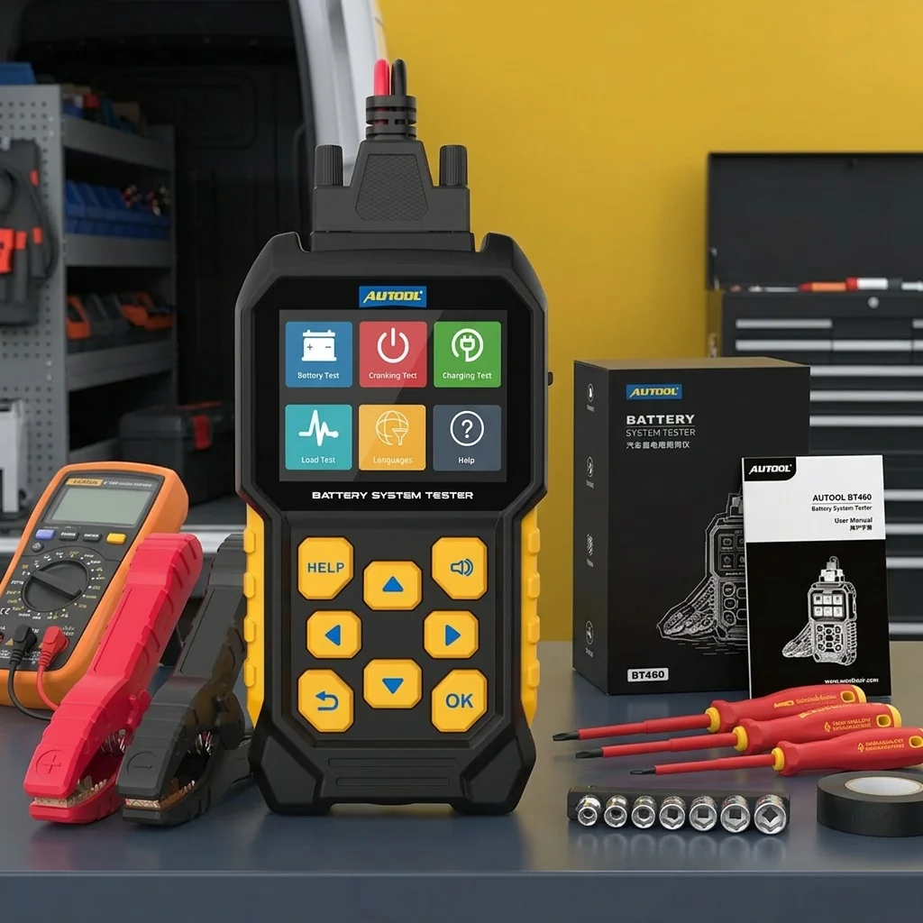 AUTOOL battery tester in professional workshop
