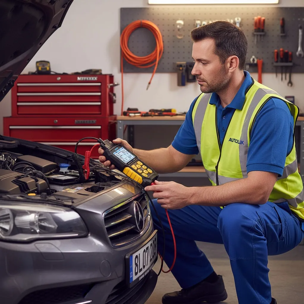Mechanic performing car battery check with AUTOOL equipment