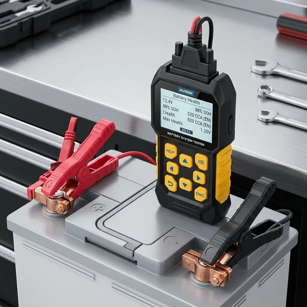 Checking car battery voltage levels with a handheld tester