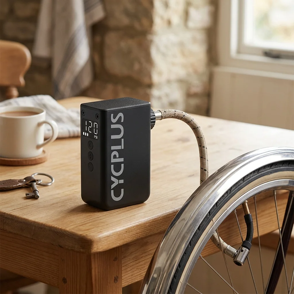 CYCPLUS tyre inflator in a cosy kitchen on a morning