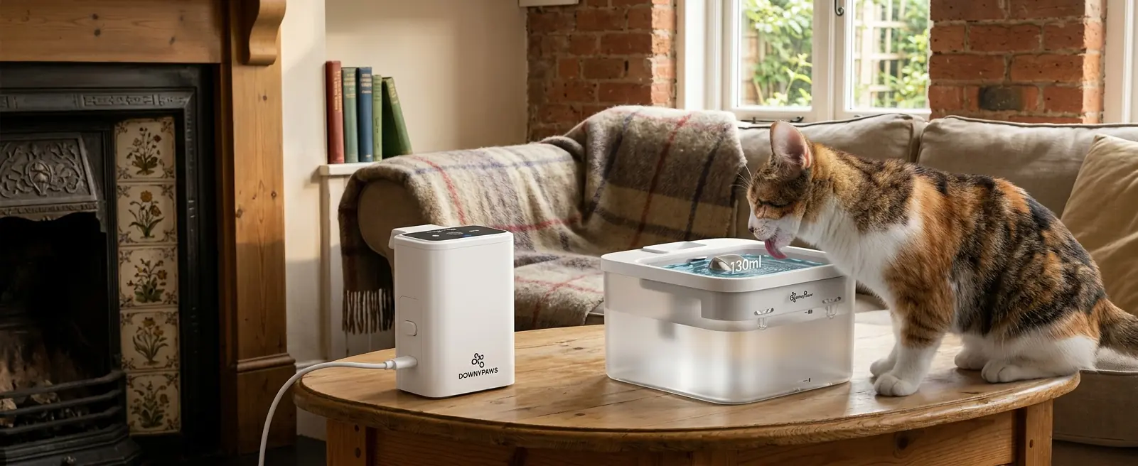 Close-up of a cat approaching the motion-activated water fountain