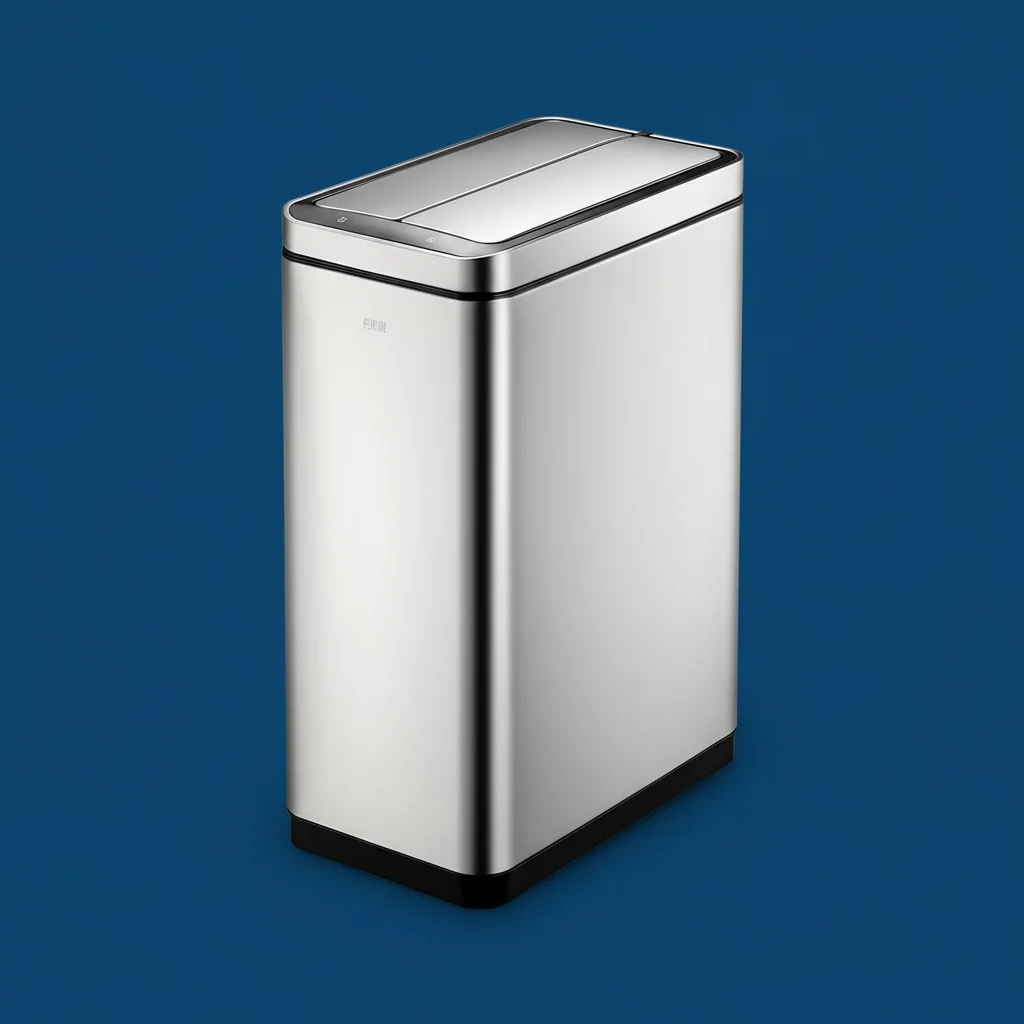 EKODELUXE stainless steel bin in a contemporary UK home studio setting, photographed in natural midday light