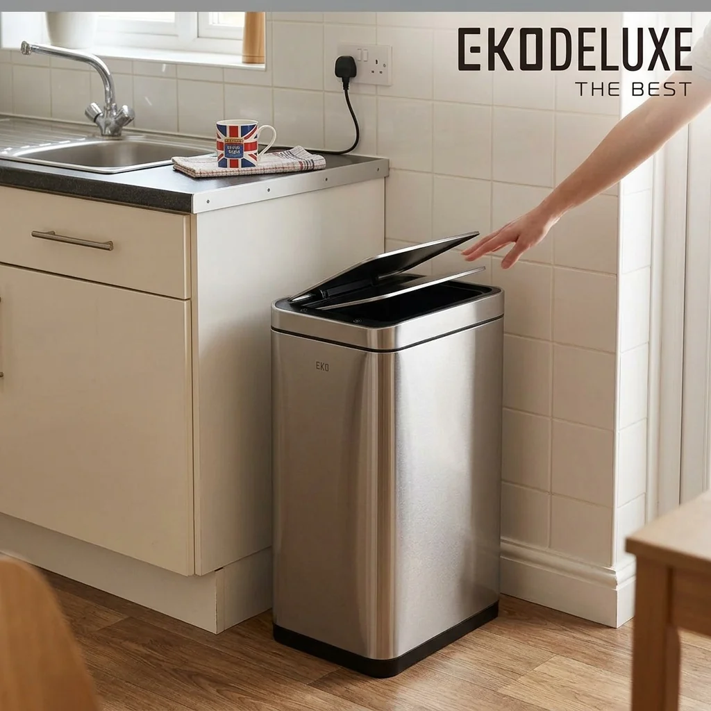 EKODELUXE kitchen bin in a modern British kitchen, captured in professional midday lighting