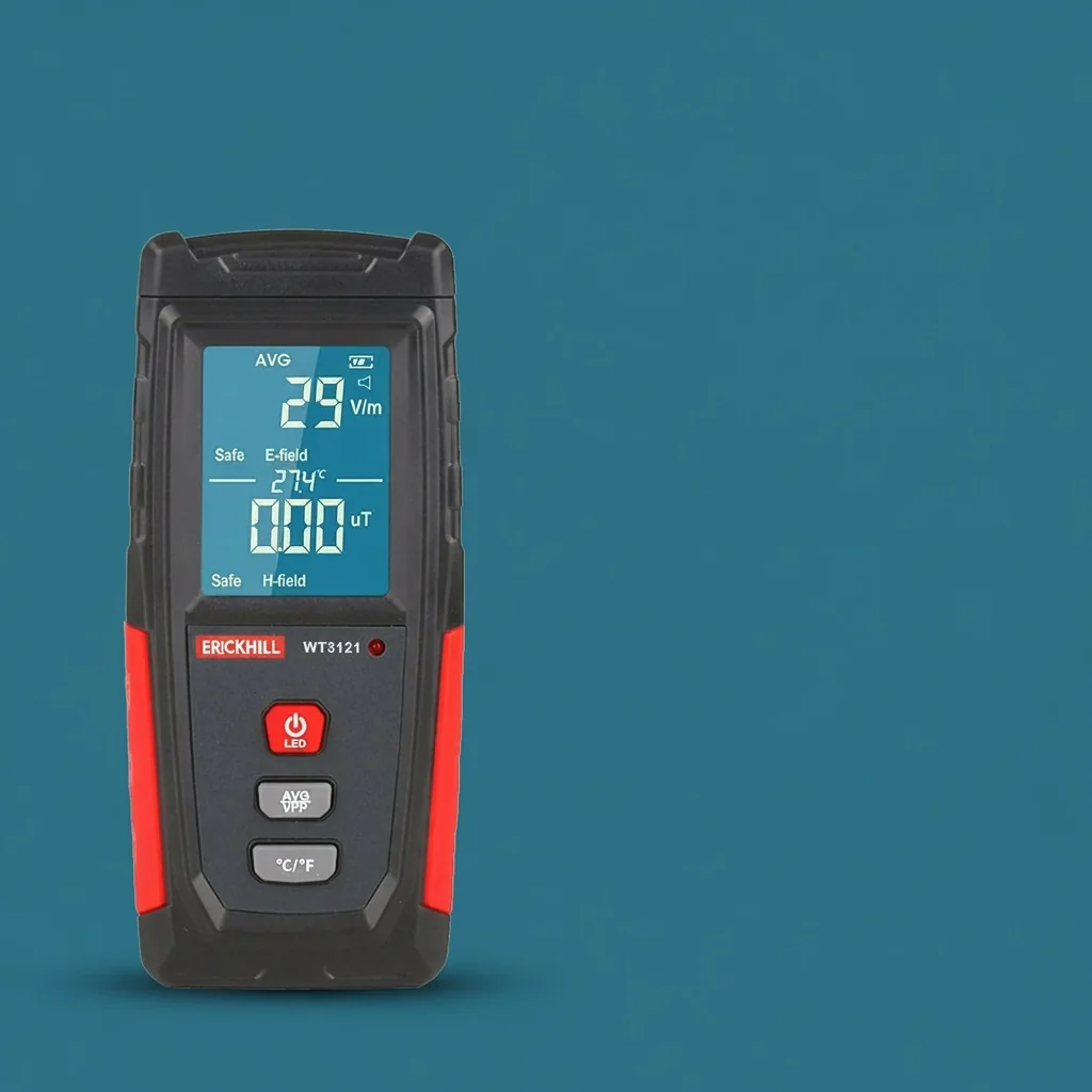 ERICKHILL EMF Meter digital display showing electromagnetic field readings in a studio setting