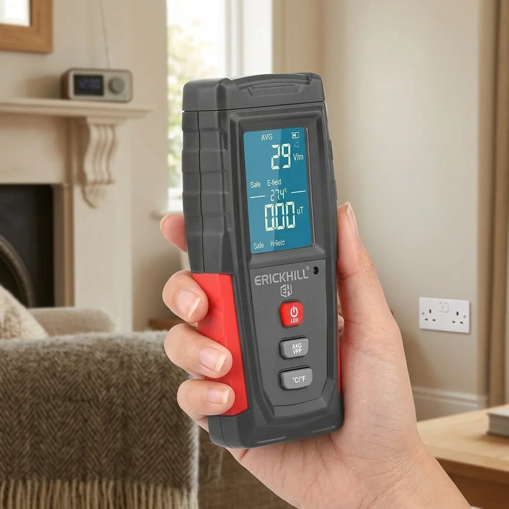 ERICKHILL EMF Meter being used to measure electromagnetic fields in a British living room