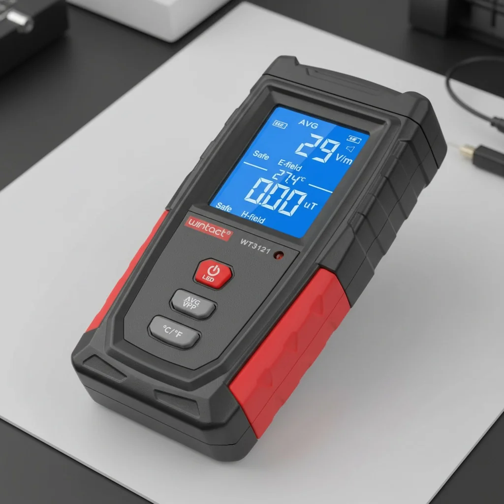 Close-up of the digital display on an ERICKHILL EMF monitoring device