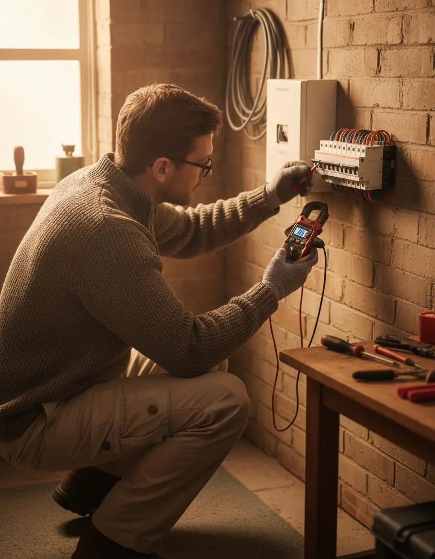An electrician using KAIWEETS tools for home electrical testing in a UK household