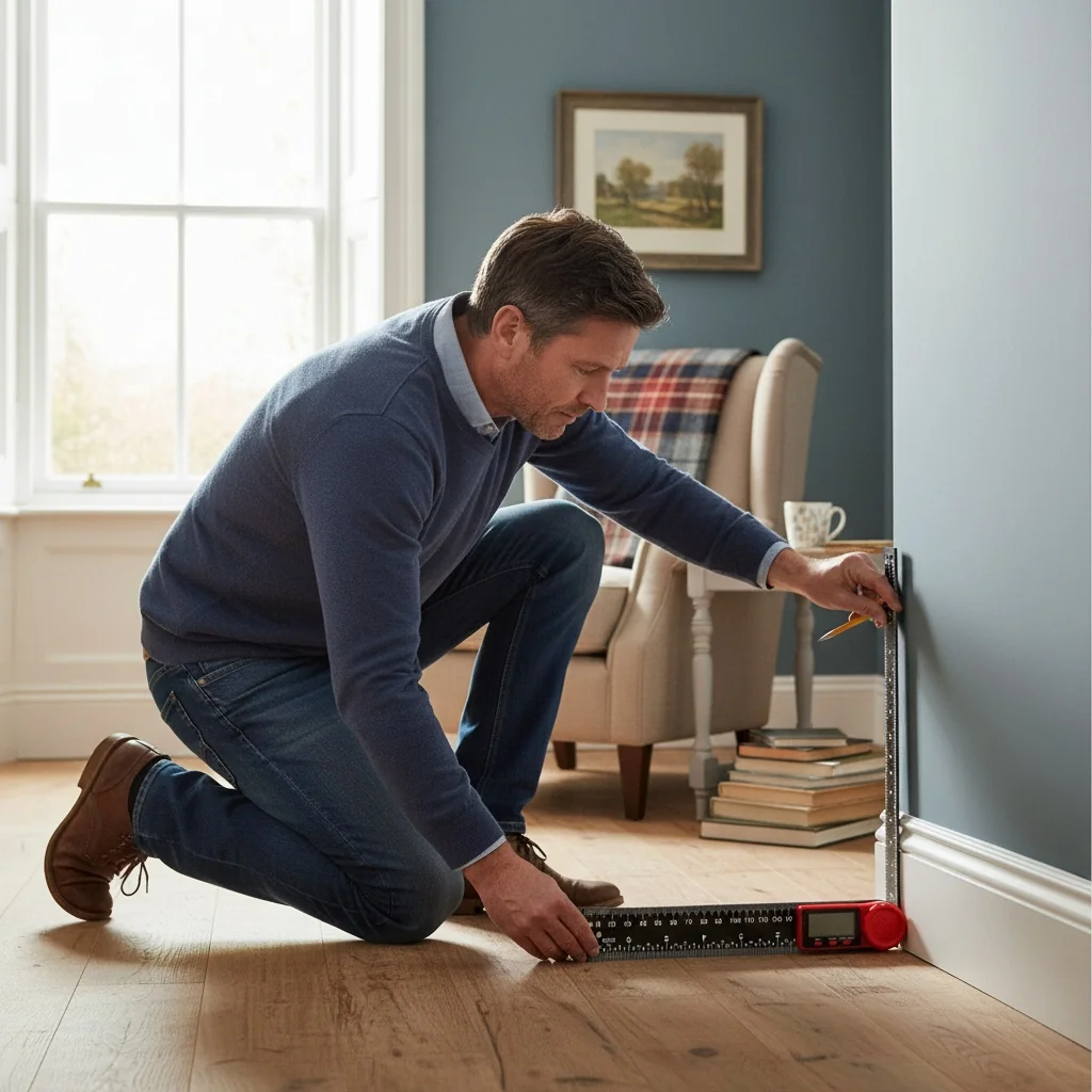 Man measuring a wall indoors using a LEXIVON tool in natural light