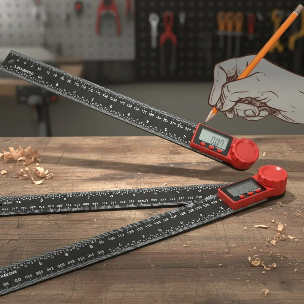 Detailed view of the full-circle digital protractor scale and hinge