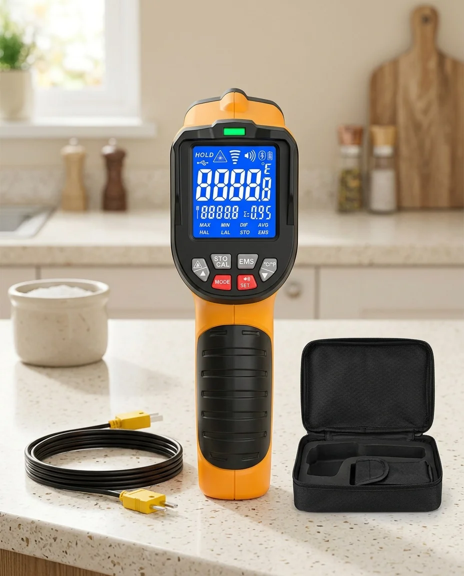 NOVATEMP thermometer being used in a professional kitchen setting demonstrating precision measurement