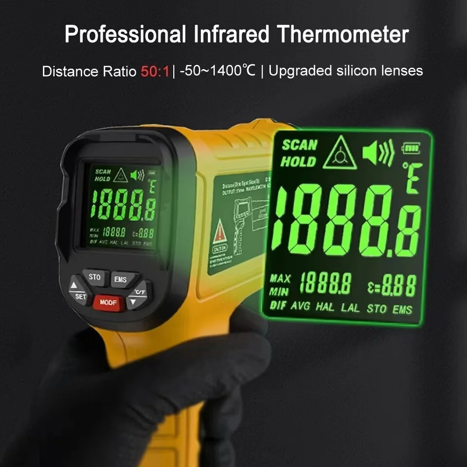 Close-up of a NovaTemp infrared thermometer showing the sensor lens