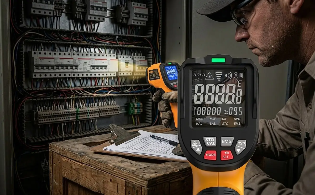 NOVATEMP being used to measure temperature of an electrical panel by a professional