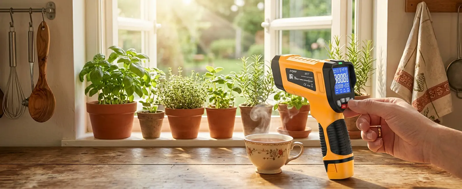 NOVATEMP thermometer being used in a home kitchen for food safety