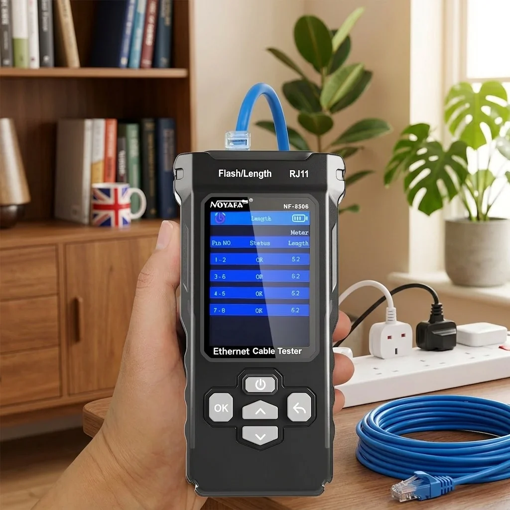 NOYAFA Ethernet tester being used on a home desk to diagnose network cable faults