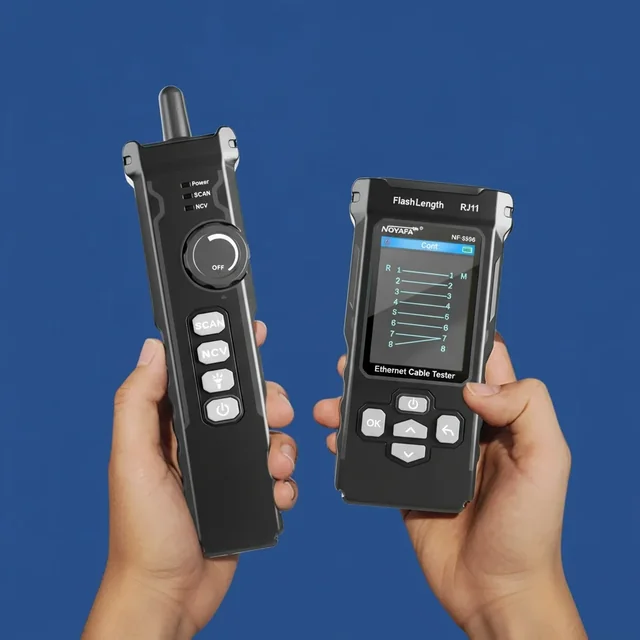 NOYAFA handheld cable tester in use — studio photograph