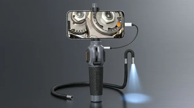PHONEBORESCOPE high-definition smartphone borescope displayed in a professional studio setting