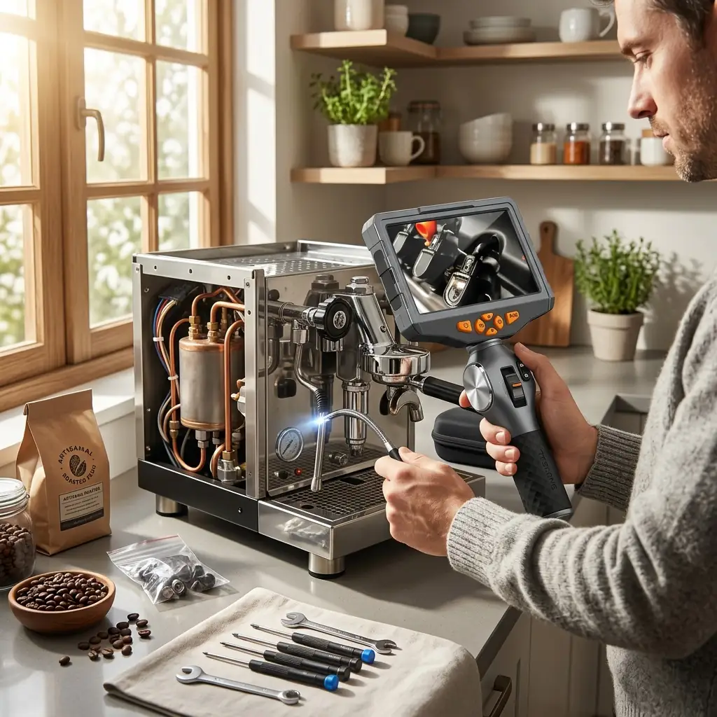 Customer inspecting coffee machine with PHONEBORESCOPE