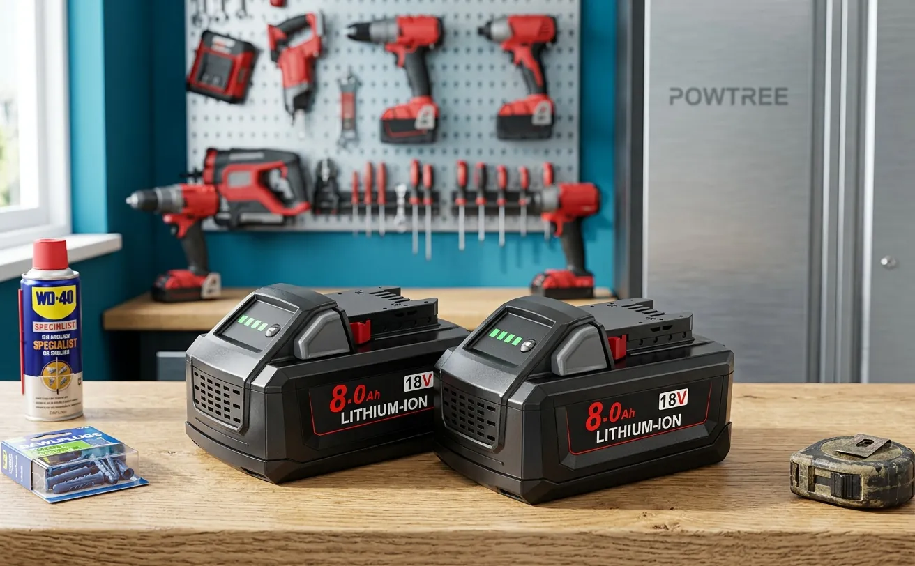 Powtree battery in a workshop setting showing durability