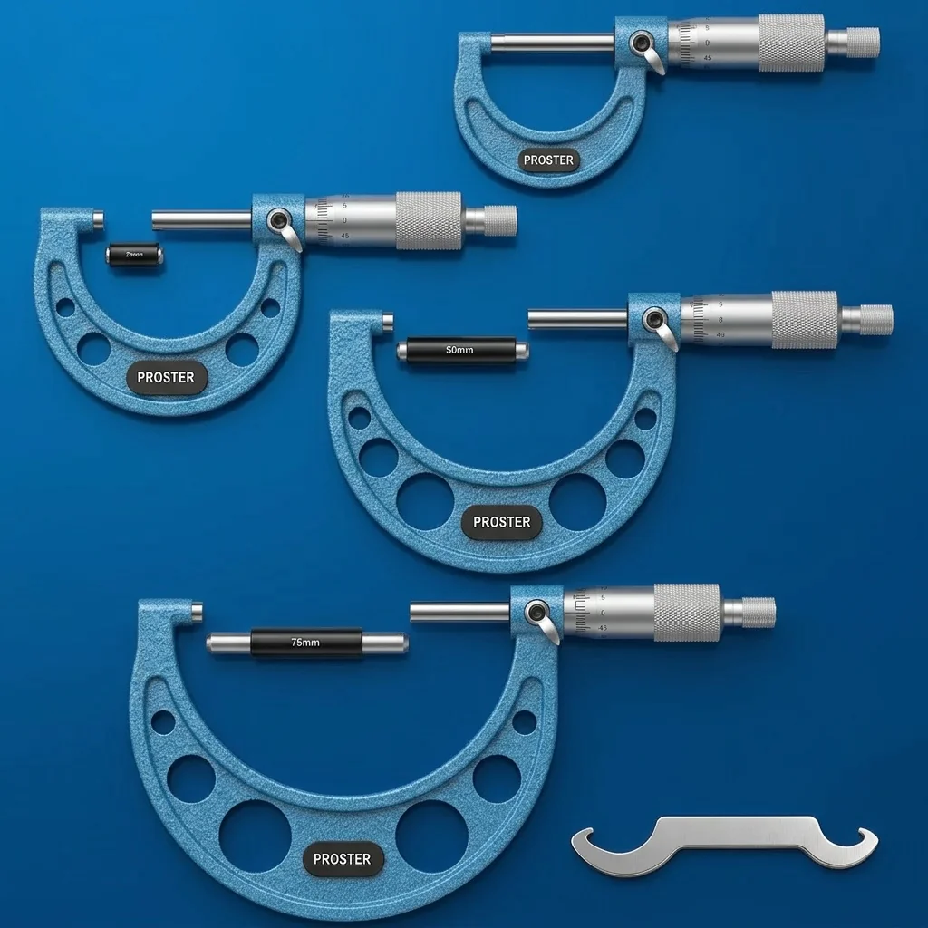 PROSTER micrometer set displayed in professional blue studio lighting, showing precision measurement tools