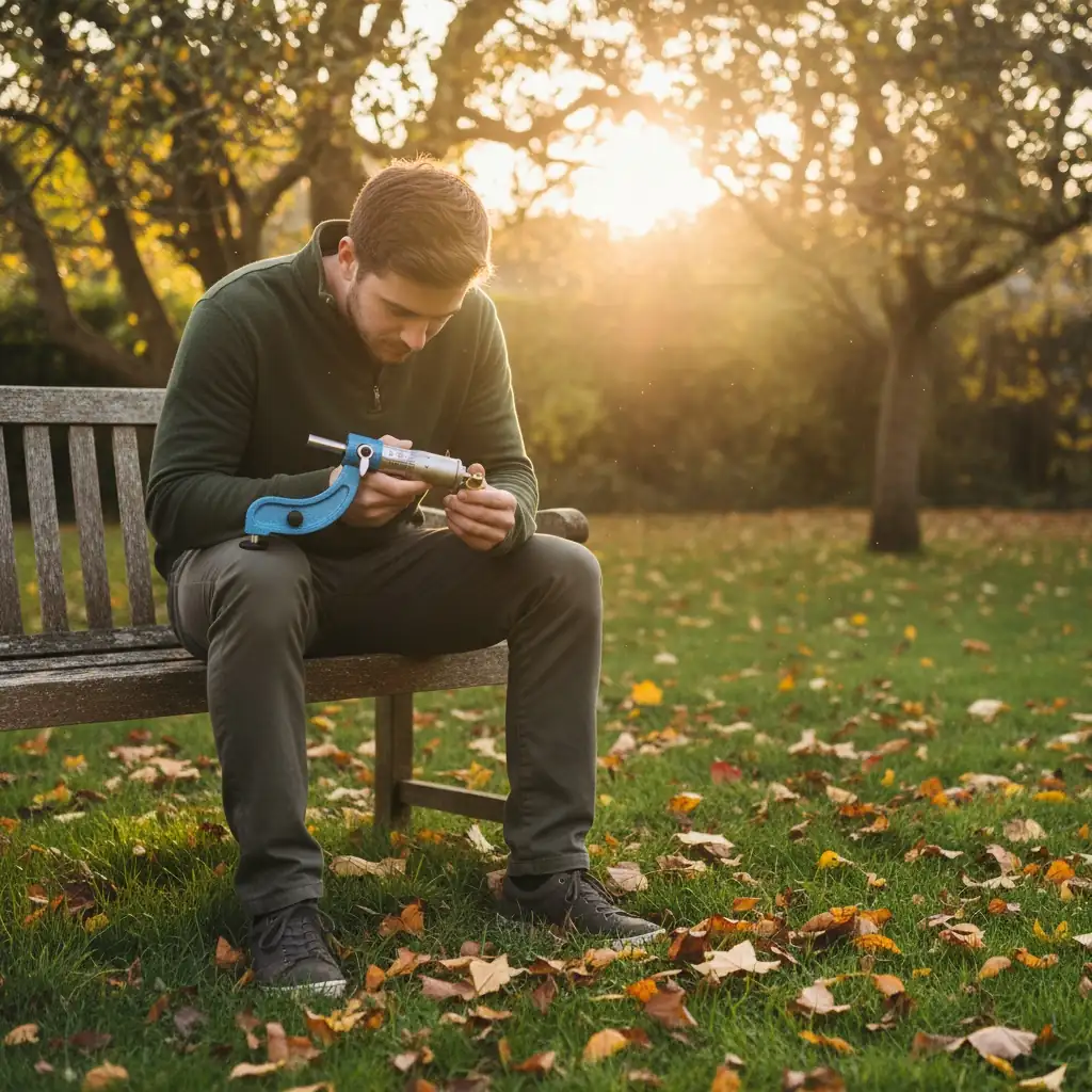 Man using PROSTER precision tool outdoors in a park setting