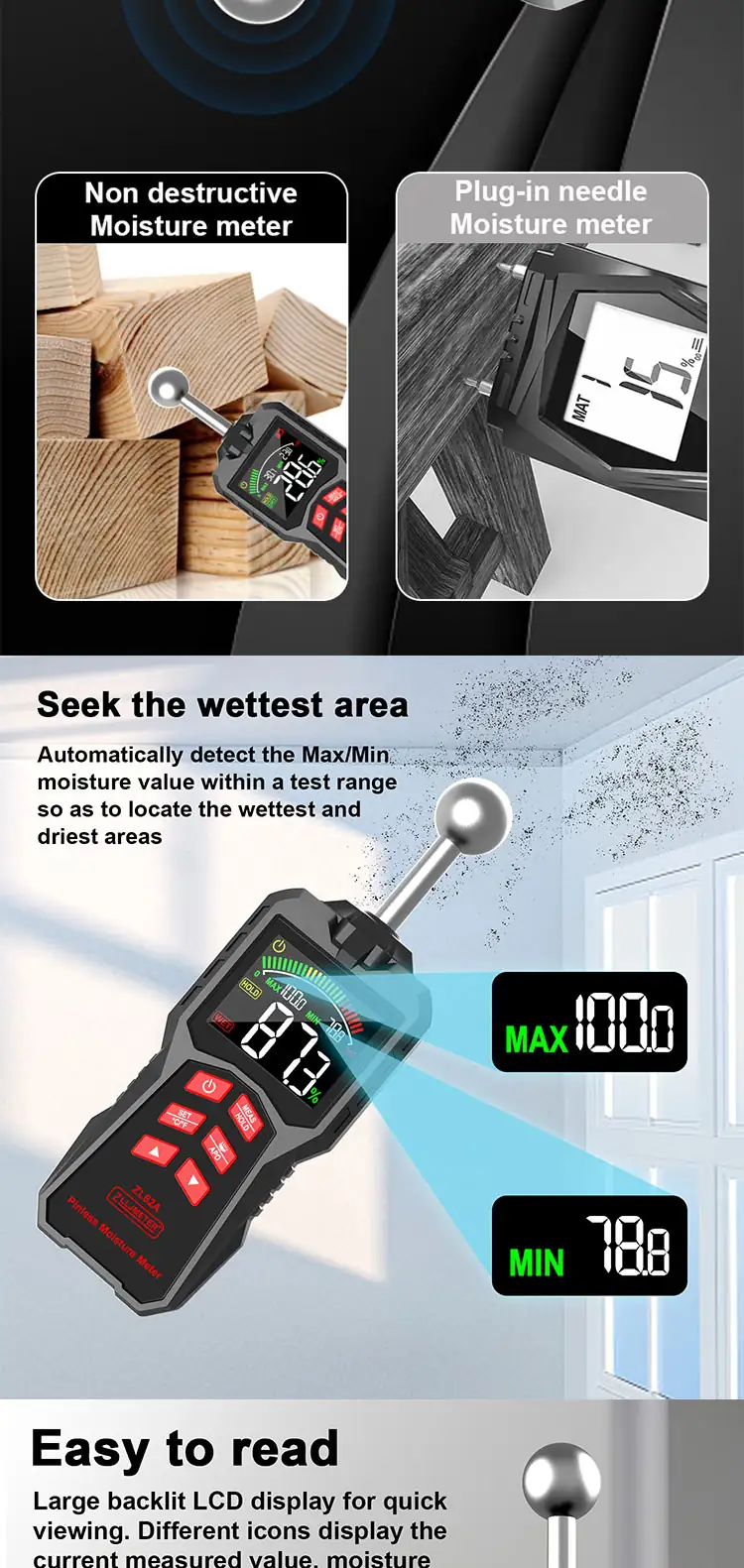 Wood moisture meter for firewood seasoning