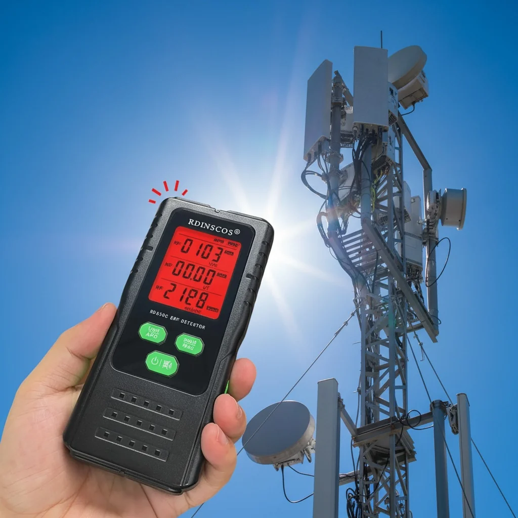 Detailed view of the RDINSCOS EMF meter's robust build quality.