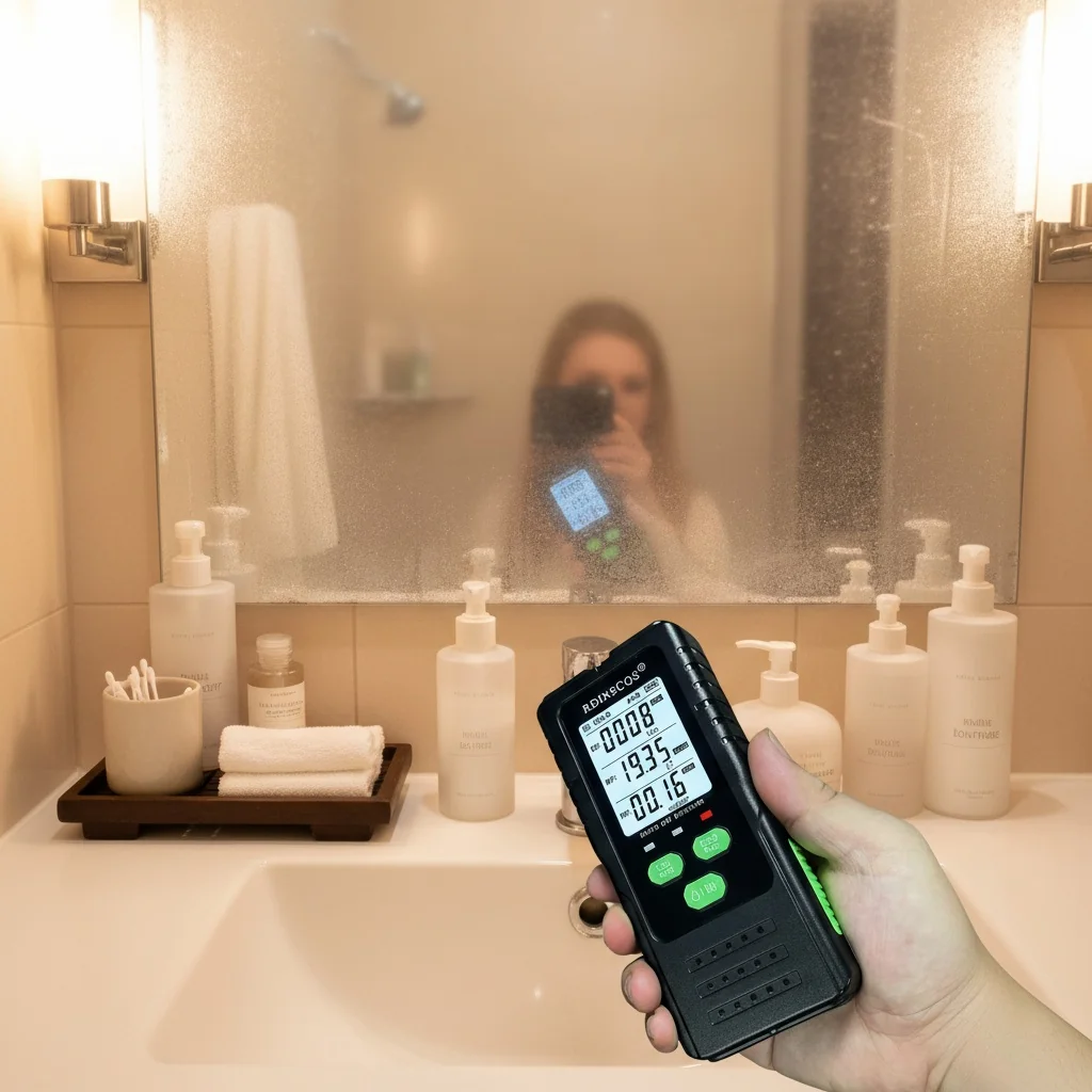 Customer review photo: RDINSCOS handheld meter on bathroom vanity