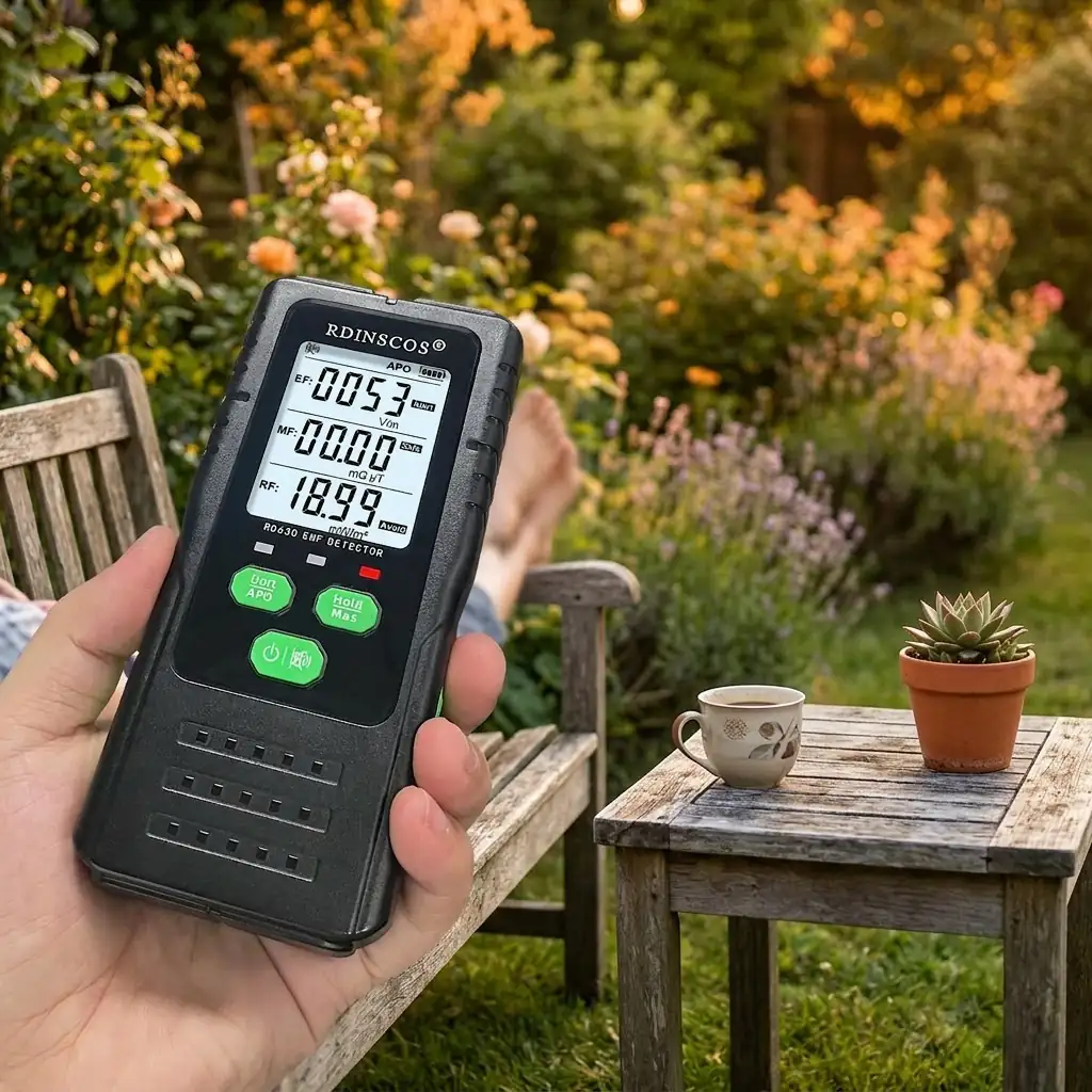 Customer review photo: RDINSCOS device in garden in the evening