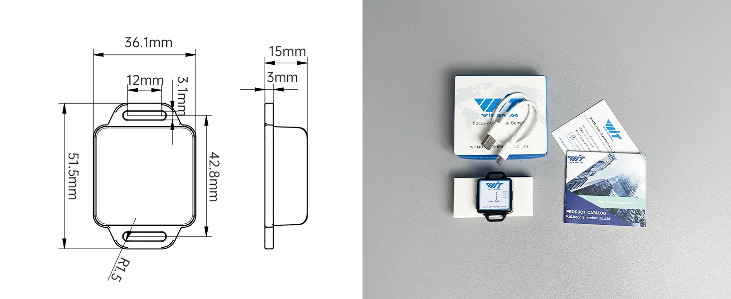Close-up of a WitMotion IMU sensor module showing internal circuitry