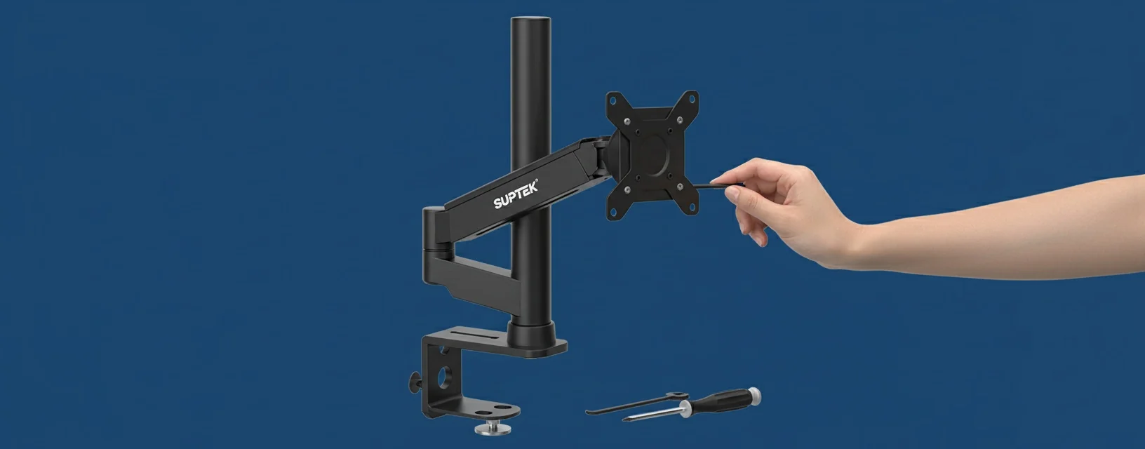 Step-by-step installation process for a desk-mounted monitor arm