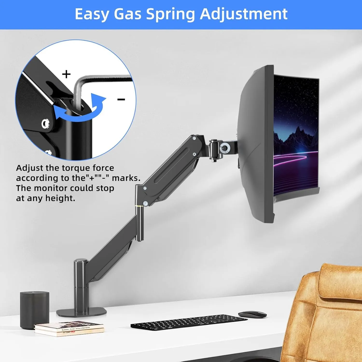 Close-up of a wall-mounted monitor arm bracket for space-saving desk setups.