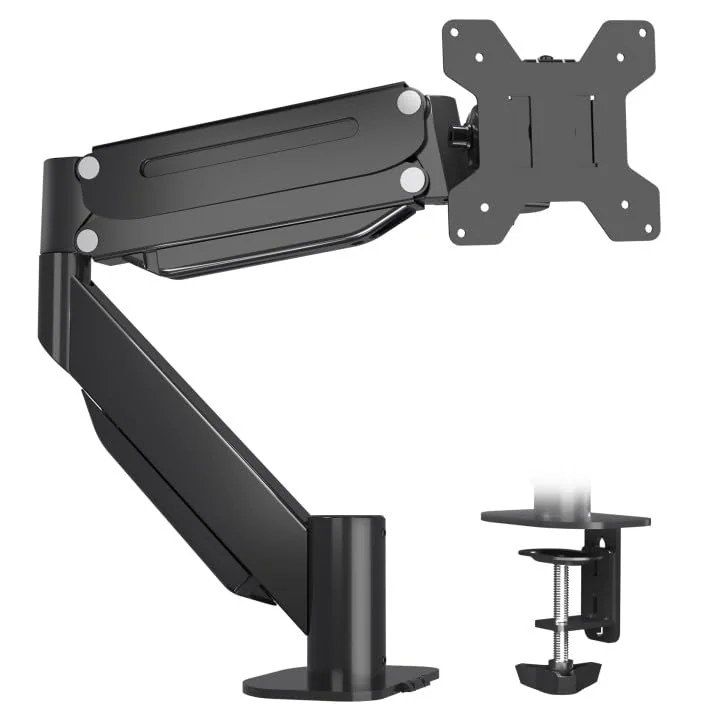 Desk mount monitor arm with a C-clamp attachment for easy installation.