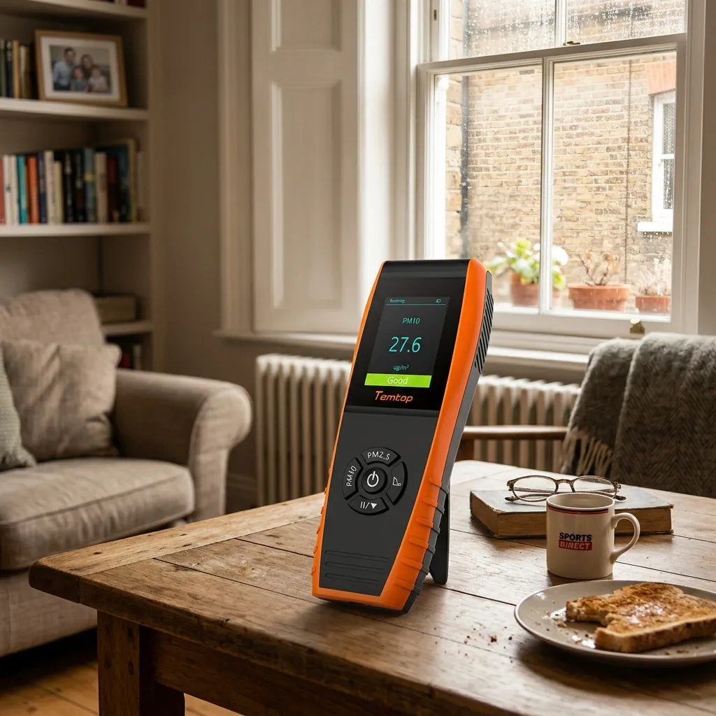 TEMTOPQUALITY air quality monitor in a cosy British living room