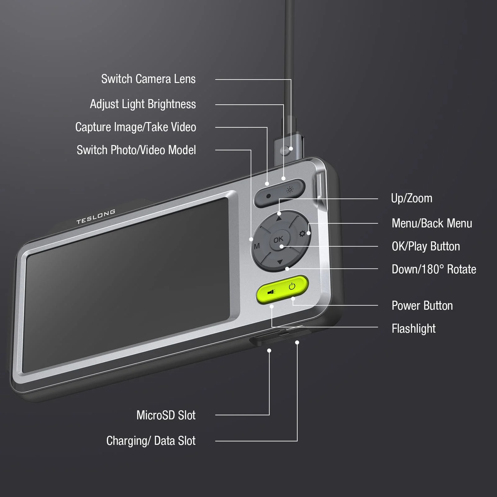 A Teslong industrial borescope with a high-definition screen and flexible probe