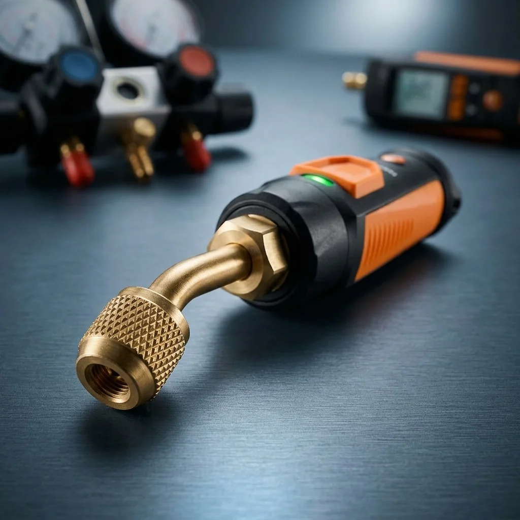 Detailed view of a refrigerant recovery machine's control interface and gauges.
