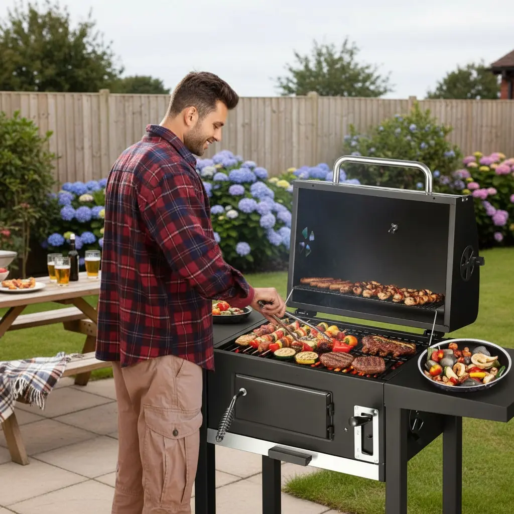 VONHAUSBBQ barbecue in a garden setting on a sunny afternoon, surrounded by relaxed guests