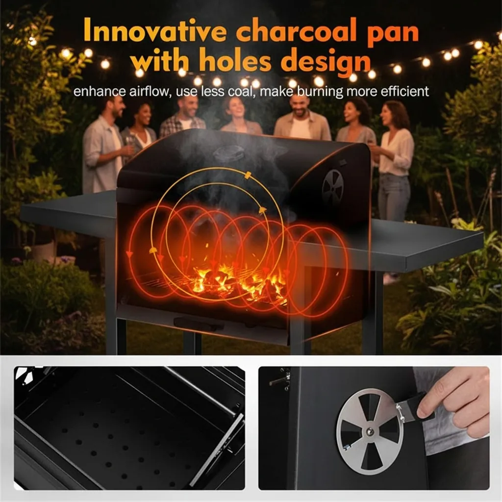 Customer photo: VonHausBBQ charcoal barbecue glowing at night in a garden