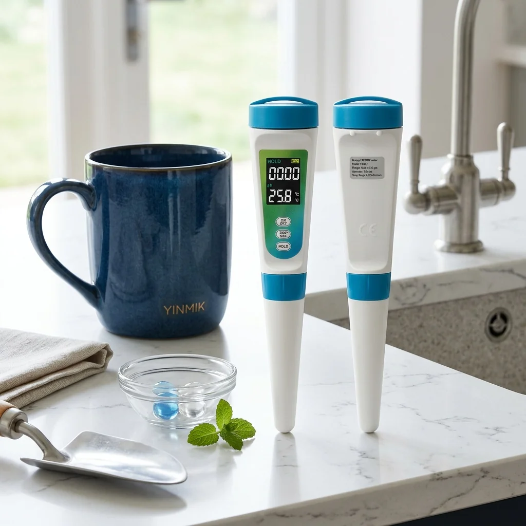 YINMIK digital water tester in bright kitchen setting