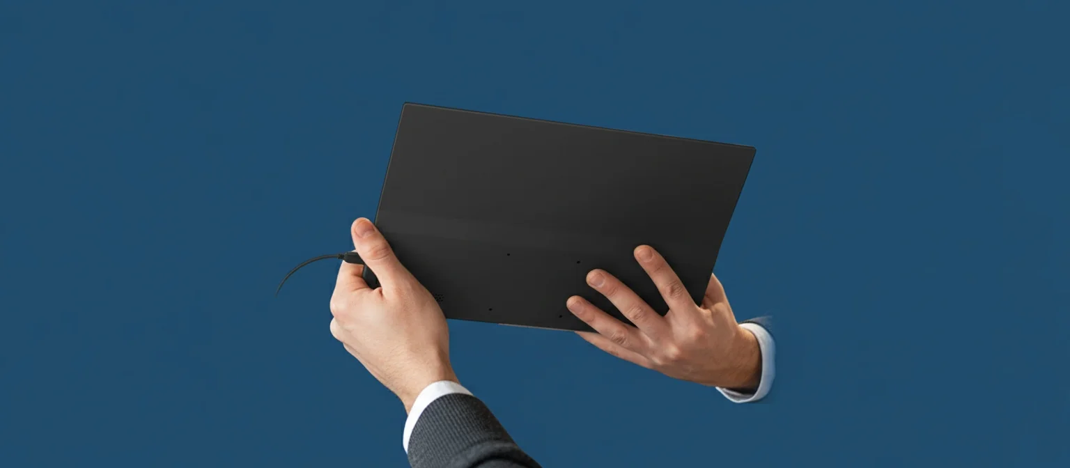 A person holding a YODOIT product tablet in a professional blue studio setting