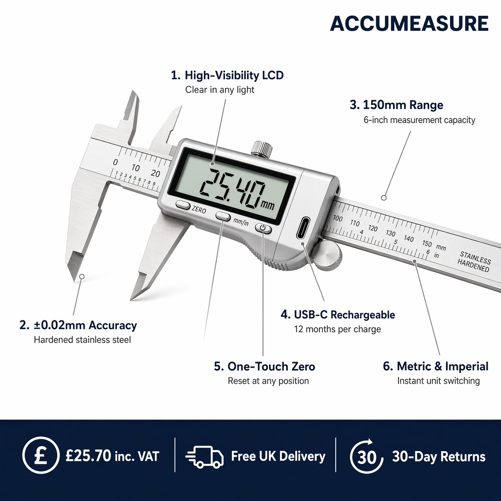 ACCUMEASURE Digital Caliper feature callout infographic with 6 key specifications