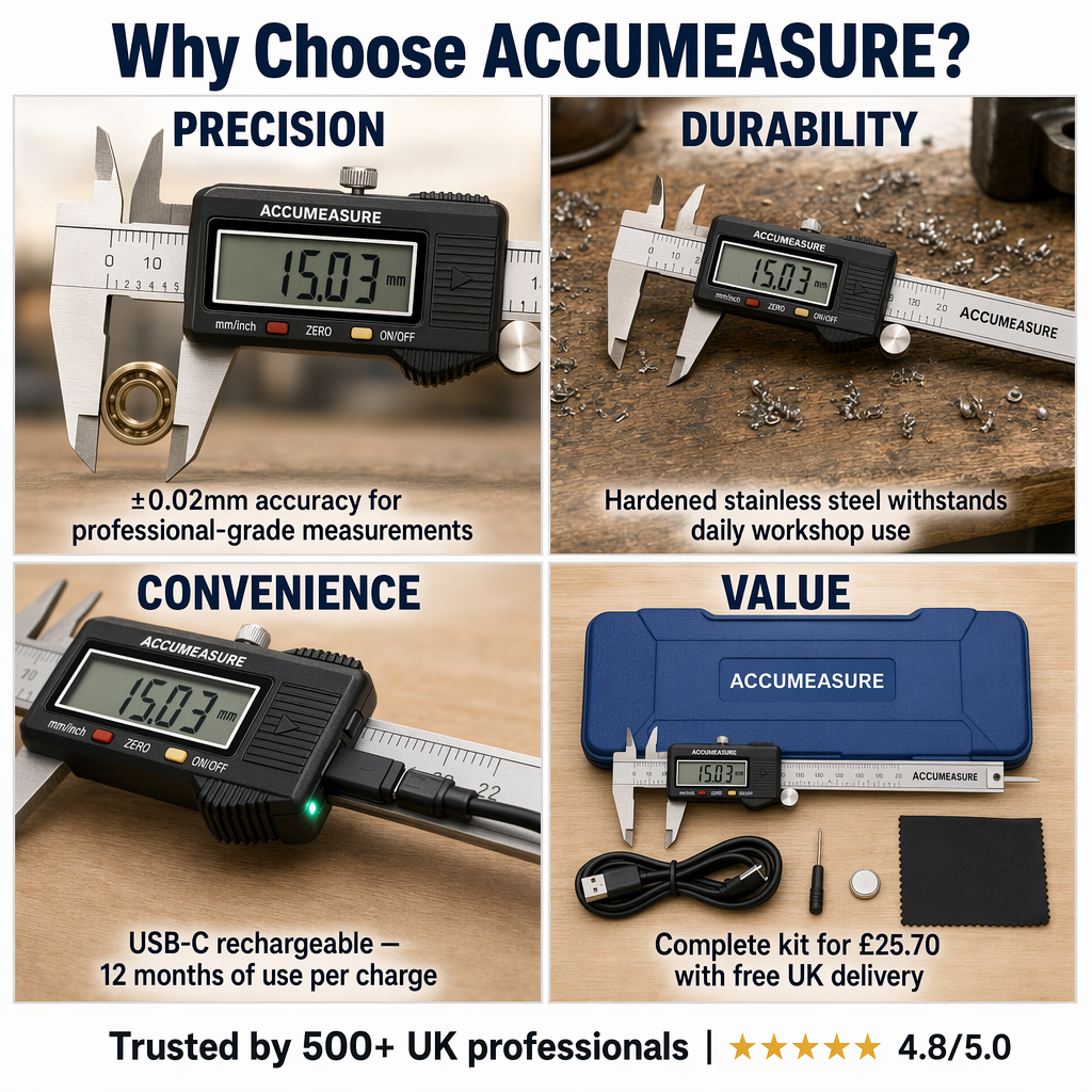 Why Choose ACCUMEASURE - four panel product story showing precision, durability, convenience and value