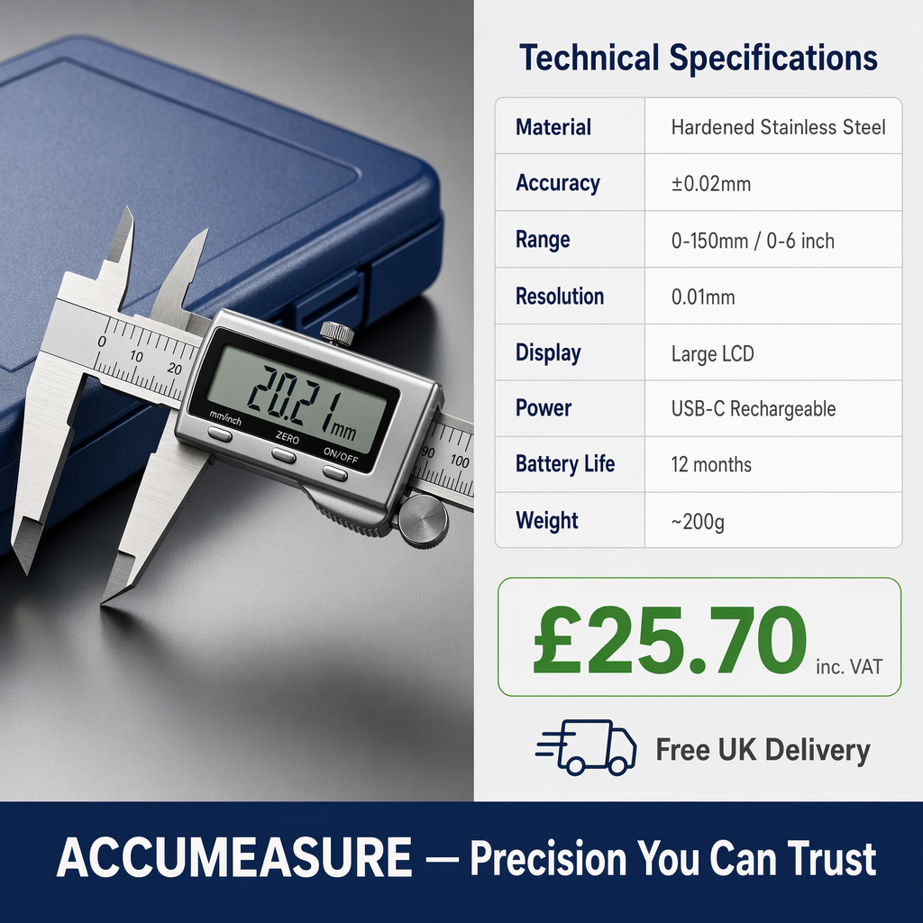 ACCUMEASURE Digital Caliper specifications card with technical details and pricing