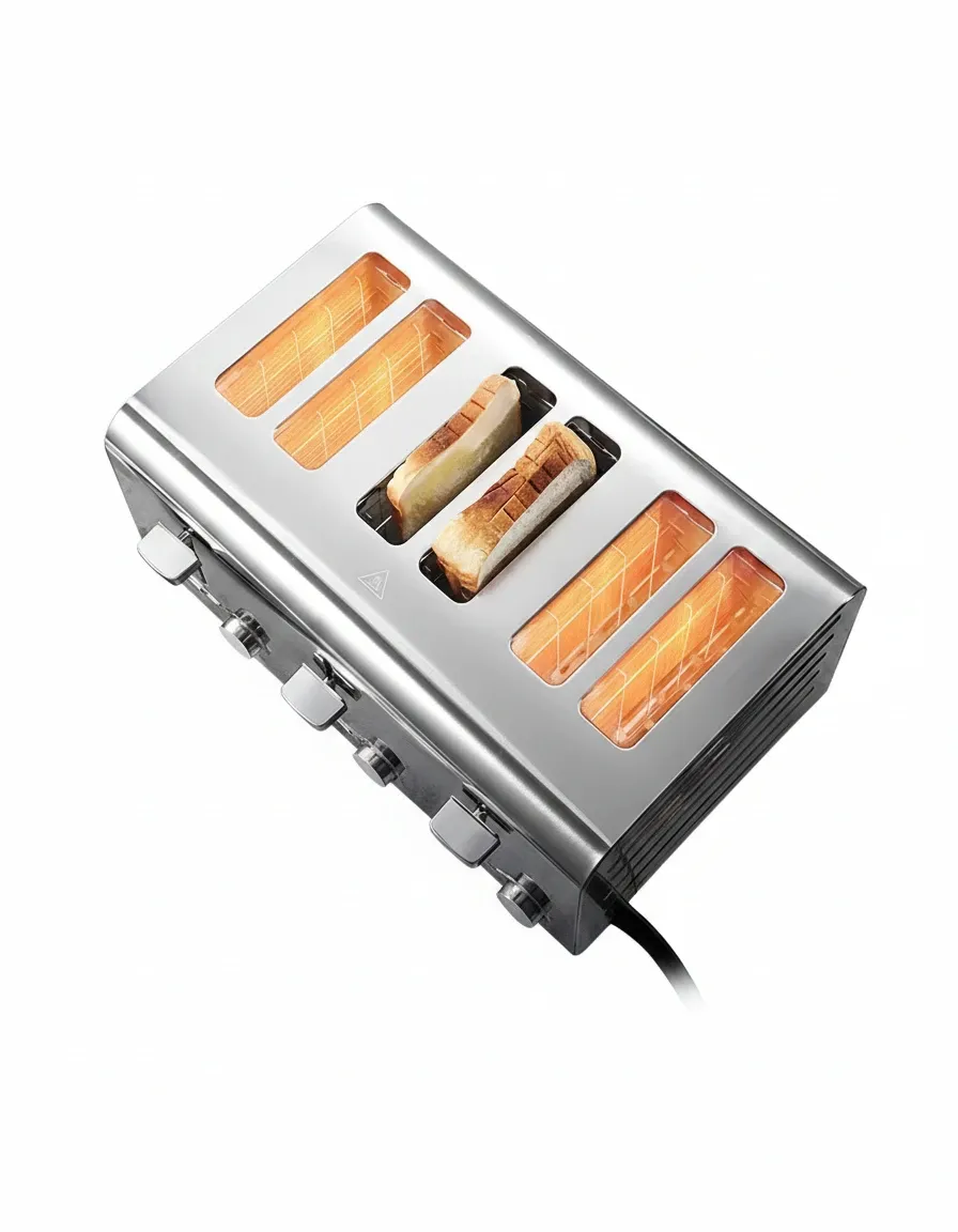 Polished stainless steel wide slot toaster showing durable construction